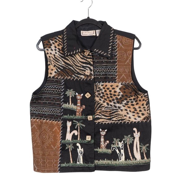 Life Style VTG Vest L Womens Black Cats Leopard Zebra Print Safari Embroidery - Picture 1 of 6
